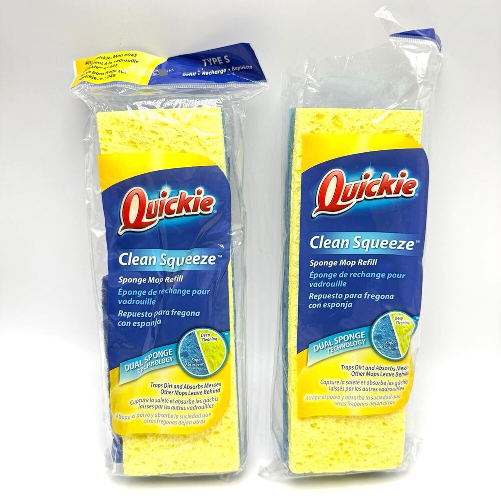 2 Quickie Clean Squeeze Dual Sponge Mop Refills Replacements Floor Cleaning